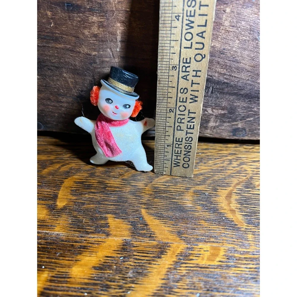 Vintage Flocked Snowman Figurine Mid Century Christmas Decor Top Hat Scarf 3